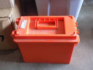 lot 56 image: LARGE ORANGE MARINE BOX WITH MISC. SUPPLIES