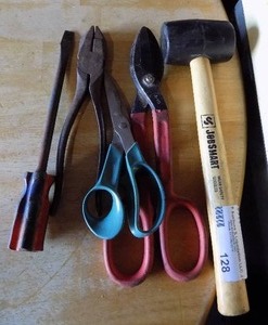 lot 128 image: MALLET, SCISSORS,PLYERS, SCREW DRIVER