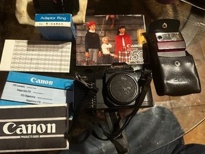 lot 71 image: CANON T50 35MM SLR CAMERA, CANON SPEEDLITE 244T, MANUELS, ADAPTER RING, FOCAL MC AUTO OOM 14.5 80-200MM LENS