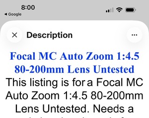 lot 82 image: FOCAL MC AUTO ZOOM   80-200MM  CAMERA LENS