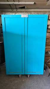 lot 8 image: Custom Built Wooden Rolling Crafters Cabinet