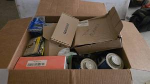 lot 101 image: Large Box Full of Misc Fasteners, Oscillating Tool Blades, Jointer Buscuits, Wire Nuts & More