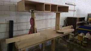 lot 137 image: Complete Mitre Saw Stand w Approx 25 Diablo Mitre Saw Blades.  Buyer must take all.