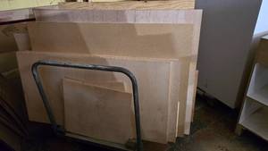 lot 284 image: Large Lot of Misc Wood w Rolling Plywood Cart