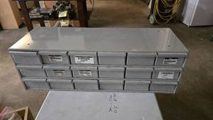 lot 323 image: Kimball Midwest 18 Bin Parts Compartment w Contents.  Included everything pictured.