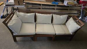 lot 353 image: Very Nice Outdoor Wooden Flared Arm Sofa w Cushions