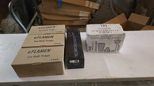 lot 386 image: Lot of Misc Ice Ball Trays & Stainless Steel Bar Set