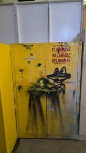 lot 419 image: Justrite Flammable Liquid Storage Cabinet w Contents.  Included everything pictured.  BUYER MUST TAKE ALL