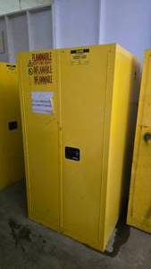 lot 420 image: Uline H-1565M-Y Flammable Liquid Storage Cabinet w Contents.  Includes everything pictured.  BUYER MUST TAKE ALL