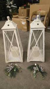 lot 31 image: Large White Wooden & Glass Lanterns w Candles  QUANTITY 2  BID IS TIMES THE QUANTITY SO YOU ARE BIDDING PER LANTERN