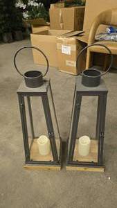 lot 32 image: Metal, Wood & Glass Lanterns w Candles  QUANTITY 2  BID IS TIMES THE QUANTITY SO YOU ARE BIDDING PER LANTERN