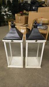 lot 34 image: White Wood w Glass & Metal Top Lanterns  QUANTITY 2  BID IS TIMES THE QUANTITY SO YOU ARE BIDDING PER LANTERN