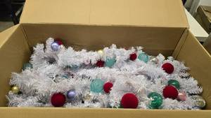 lot 59 image: Large Box Full of White Tinsel w Ornaments.  Approx 80 Feet of Tinsel
