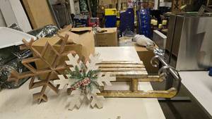 lot 67 image: Lot of Misc Christmas Dcor.  Includes Wooden Sled & Snowflakes