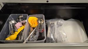 lot 95 image: Contents of Shelf.  Includes Juicers, Ice Tongs & More