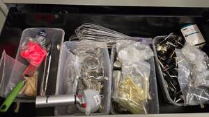 lot 96 image: Contents of Shelf.  Includes Jiggers, Pour Spouts, Strainers, Whisks & More