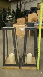 lot 33 image: Metal, Wood & Glass Lanterns w Candles  QUANTITY 2  BID IS TIMES THE QUANTITY SO YOU ARE BIDDING PER LANTERN