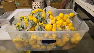 lot 141 image: Large Tote Full of Yellow Themed Dcor.  Artificial Yellow Flower Boquets &  Lemons