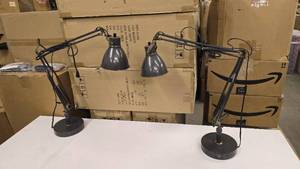 lot 154 image: Lot of 2 Matching Graphite & Brass Articulating Desk Lamps w Additional USB Outlet