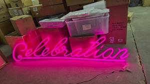 lot 179 image: Beautiful Pink Celebration Curvise LED Sign.  TESTED.  Approx 9 Long