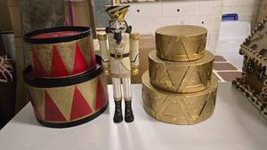 lot 185 image: Lot of Misc Christmas Dcor.  Includes Display Stacking Drums & Nutcracker