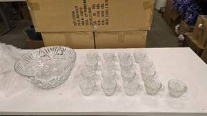 lot 187 image: Large Glass Punch Bowl w 17 Matching Cups