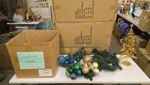 lot 198 image: Lot of Misc Christmas Dcor.  Includes Gold Metal Tree, Garland w Ornaments & LOTS of Lights