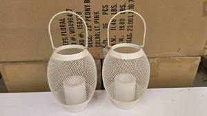 lot 234 image: Lot of 2 Matching Metal Mesh Lantern Style Candle Holders w LED Candles