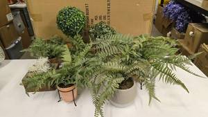 lot 236 image: Large Lot of Misc Artificial Plants w Vases & Containers