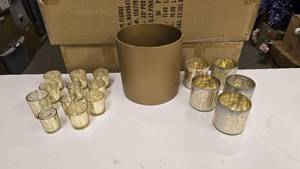 lot 267 image: Lot of Misc Glass Candle Votives & Gold Planter Pot
