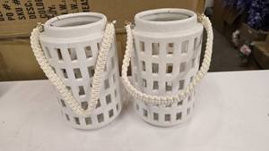 lot 271 image: Pair of Matching Ceramic Lantern Style Candle Holders