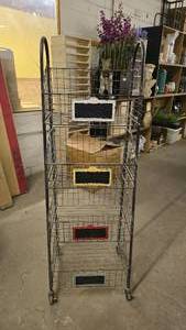 lot 285 image: Rustic Metal 4 Tier Rolling Wire Basket Shelf
