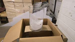lot 293 image: Box of 4 Matching Large Glass Vases.  Each Measure Approx 16 Tall