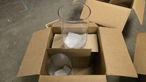 lot 294 image: Box of 4 Matching Large Glass Vases.  Each Measure Approx 16 Tall