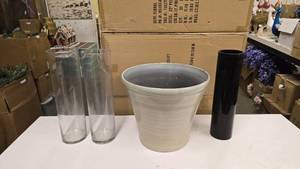 lot 205 image: Lot of Tall Glass Plant Vases & Large Plant Pot