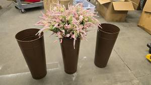 lot 209 image: Lot of 3 Tall Metal Dcor Flowers & Plants Bucket PlantersVases.  1 Bucket is FULL of Flowers