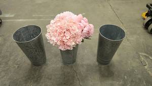 lot 211 image: Lot of 3 Tall Galvanized Metal Dcor Flowers & Plants Bucket PlantersVases.  1 Bucket is FULL of Flowers