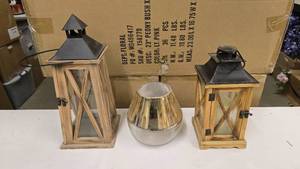 lot 245 image: Lot of Misc Wooden Candle Lantersn & Gold Planter Pot