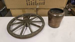 lot 248 image: Lot of Rustic Dcor.  Includes Wagon Wheel & Hammered Copper Pot.