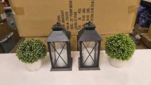 lot 249 image: Lot of Misc Dcor.  Includes 2 Matching Metal Lanterns & 2 Matching Artifical Plants