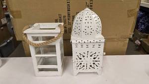 lot 302 image: Lot of 2 White Lantern Style Candle Holders