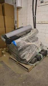 lot 305 image: Large Pallet Full of Vinyl Wrap Ready Trade Show Barrel Table Rolls.  SEE LOT 416 FOR THE TOPS AND BOTTOMS TO THE BARREL TABLE