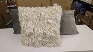 lot 324 image: Lot of 4 Throw Pillows.  3 Grey & 1 Shag
