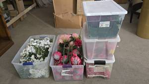lot 392 image: Large Lot of Artificial Flowers.  SO MANY FLOWERS AND LOTS OF $$ HERE.  SEE PICTURES FOR EVERYTHING INCLUDED.  QUANTITY 5 TOTES  BID IS TIMES THE QUANTITY SO YOU ARE BIDDING PER TOTE