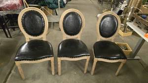 lot 402 image: Set of 3 Matching Wood & Black Leather Dining Chairs