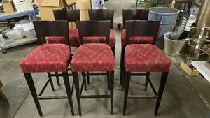 lot 403 image: Set of 6 Matching Barstool Height Low Back Wood & Upholstered Chairs