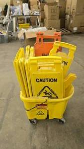 lot 421 image: Rubbermaid Rolling Mop Bucket w Approx 12 Wet Floor Signs