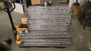 lot 422 image: Large Pallet FULL of Metal Shelving.  SHELFS & CLIPS ONLY.  Includes 19 Shelves Measuring 3 x 14 & 15 Shelves Measuring 4 x 18