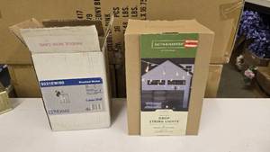 lot 440 image: NEW Thomas Lighting Brushed Nickel Exterior Wall Light & 1 Box of Smith & Hawken White String Lights