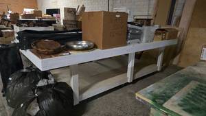 lot 453 image: NICE  Really Nice &amp Heavy Duty Large Rolling Shop Table w Heavy Duty Locking Casters.  Measures 106 x 5&nbsp THIS ITEM CAN ONLY BE PICKED UP ON DAY 3 OF REMOVAL